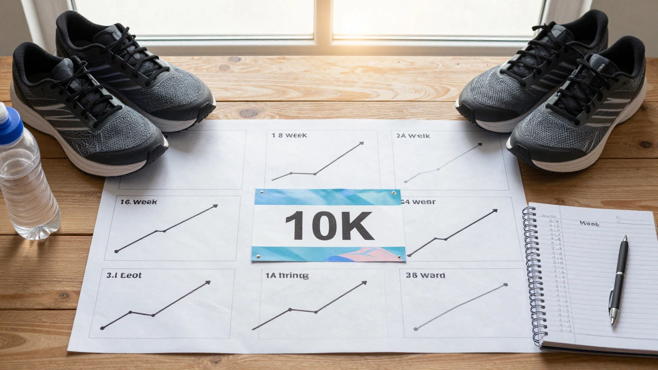 8-week training calendar with growing mileage lines and race bib, beside running shoes and water bottle.