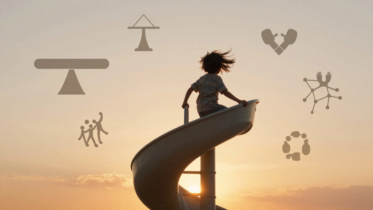 A child sliding down a spiral slide with abstract symbols of growth and social interaction around them.