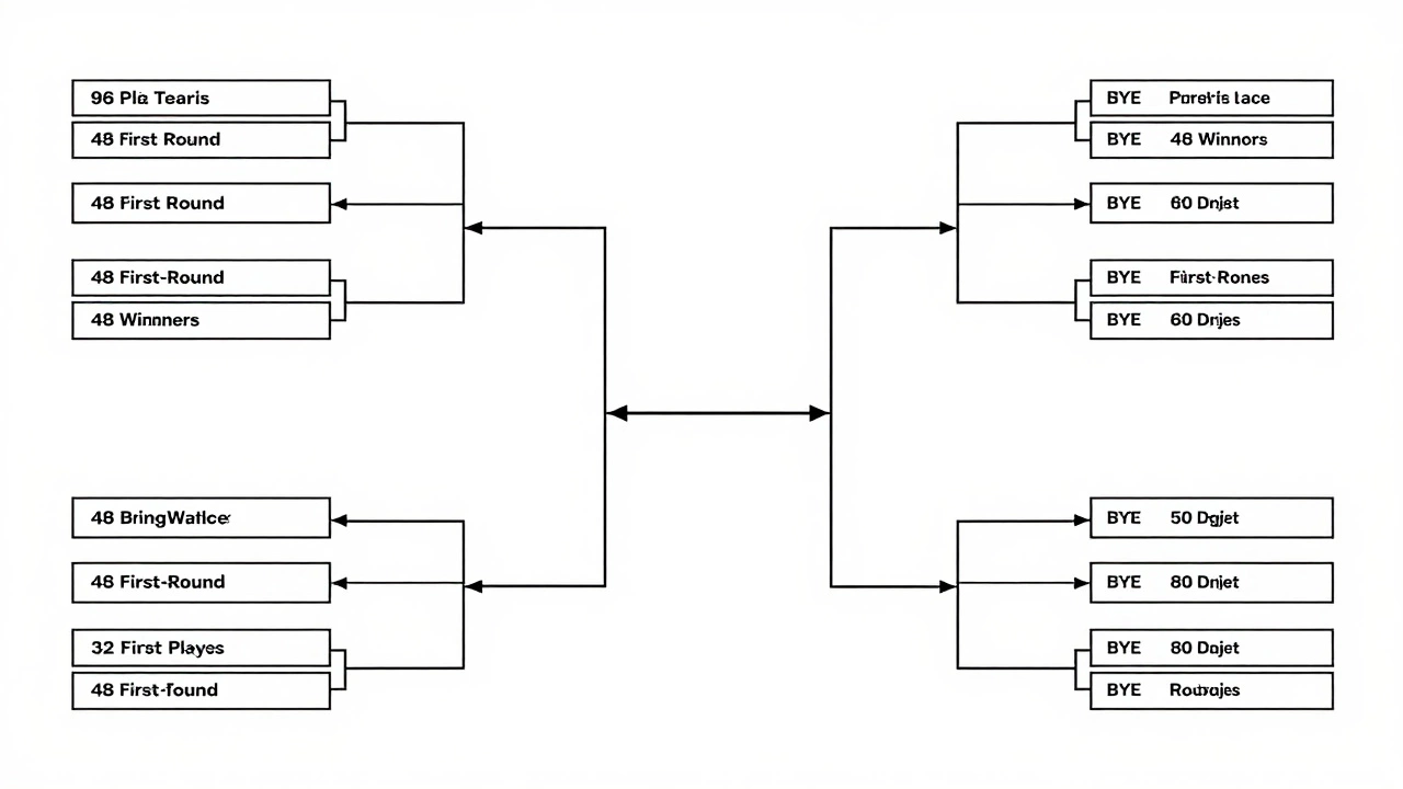 A clean diagram showing how 96 players compete in first round, joining 32 byes to form 80 players in round two.