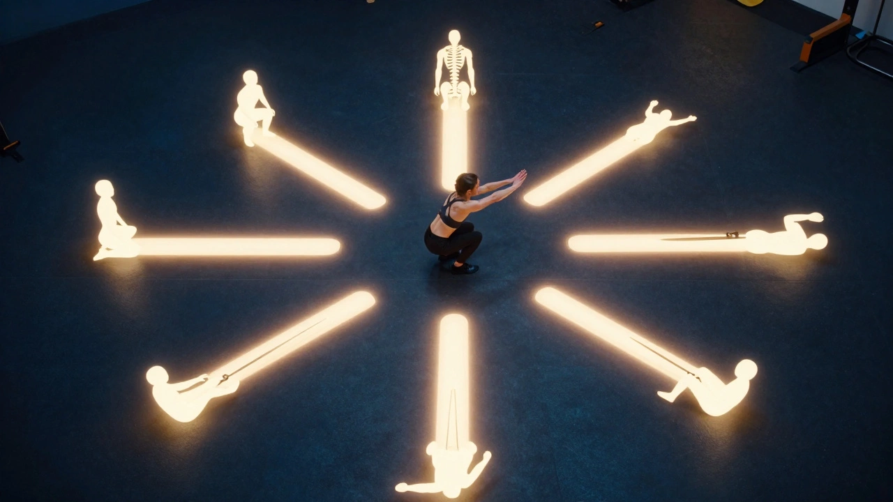 A person in motion at the center of a gym, surrounded by glowing paths representing the six foundational exercises.