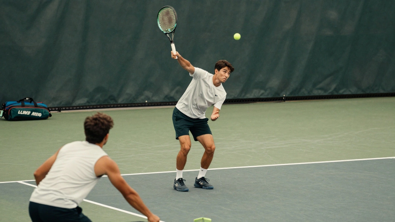 A player serving a topspin second serve on a hard court during a competitive match.