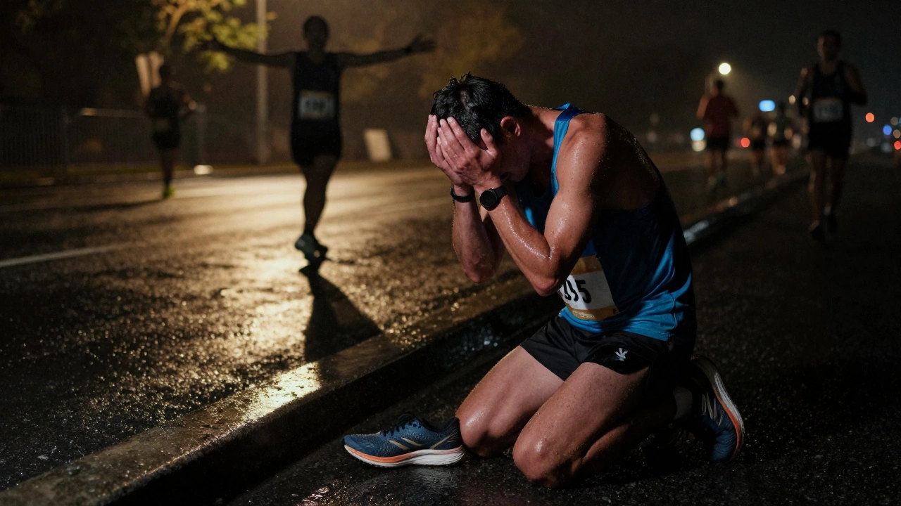 A runner on a curb at night, crying, with the finish line faintly visible in the distance behind them.