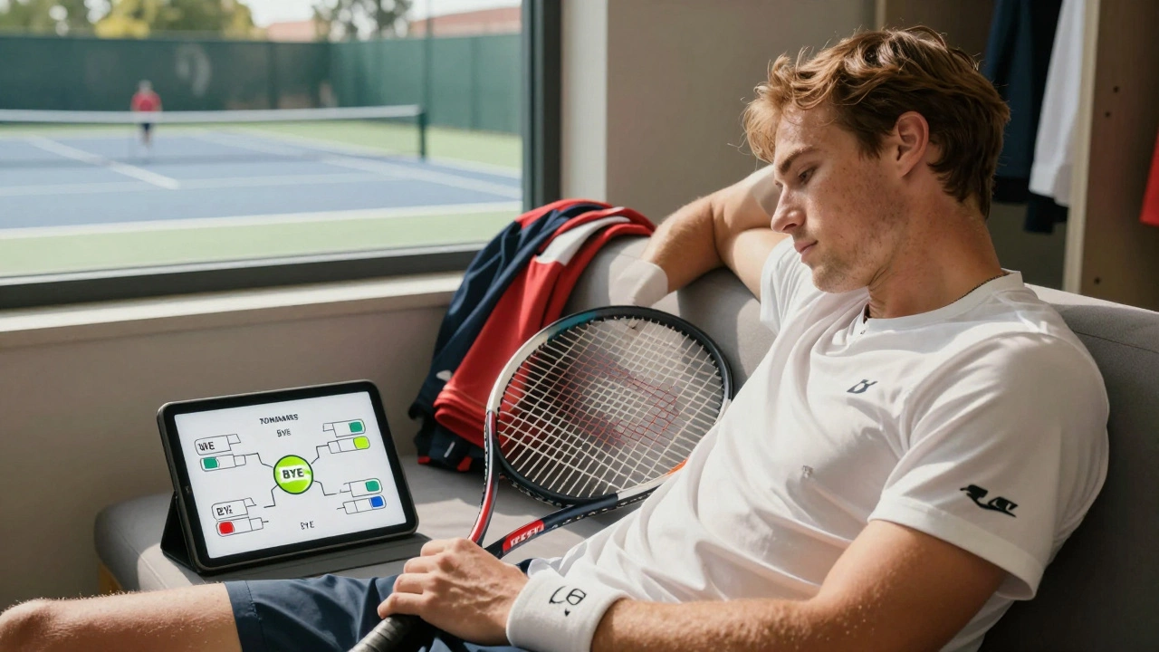 A top-seeded tennis player relaxing before their first match, with a 'BYE' clearly shown on a tournament draw screen.