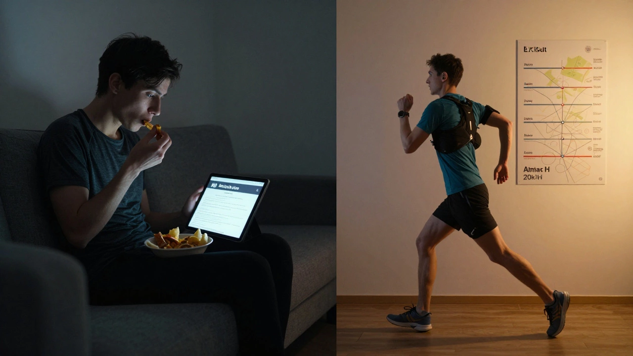 Before and after comparison: sedentary person vs. trained runner on a morning jog with distance map visible.