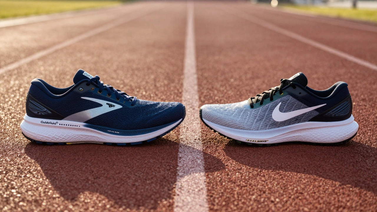 Brooks Ghost 16 compared to Nike Pegasus 40, highlighting GuideRails® and cushioning technology on a running track.
