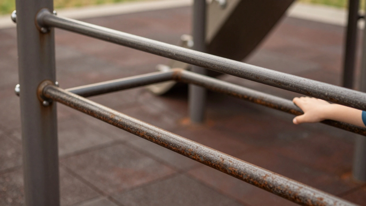 Close-up of durable playground materials — steel bars, plastic, and safety tiles — with a child's hand reaching for monkey bars.