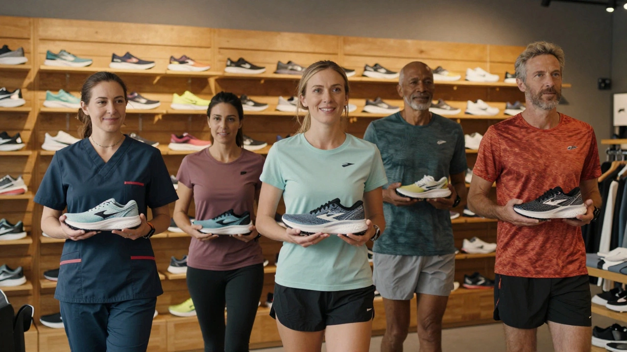 Diverse runners leaving a specialty store after gait analysis, each holding a different Brooks running shoe.