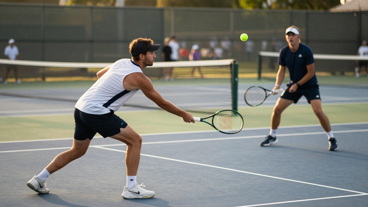 Doubles partners coordinating at net and baseline during a competitive USTA league match.