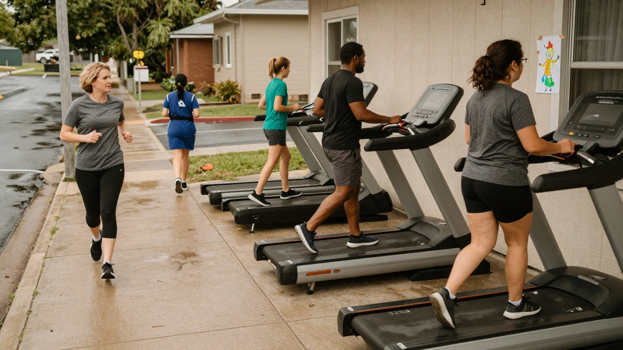 Everyday people training for a marathon in different everyday settings.