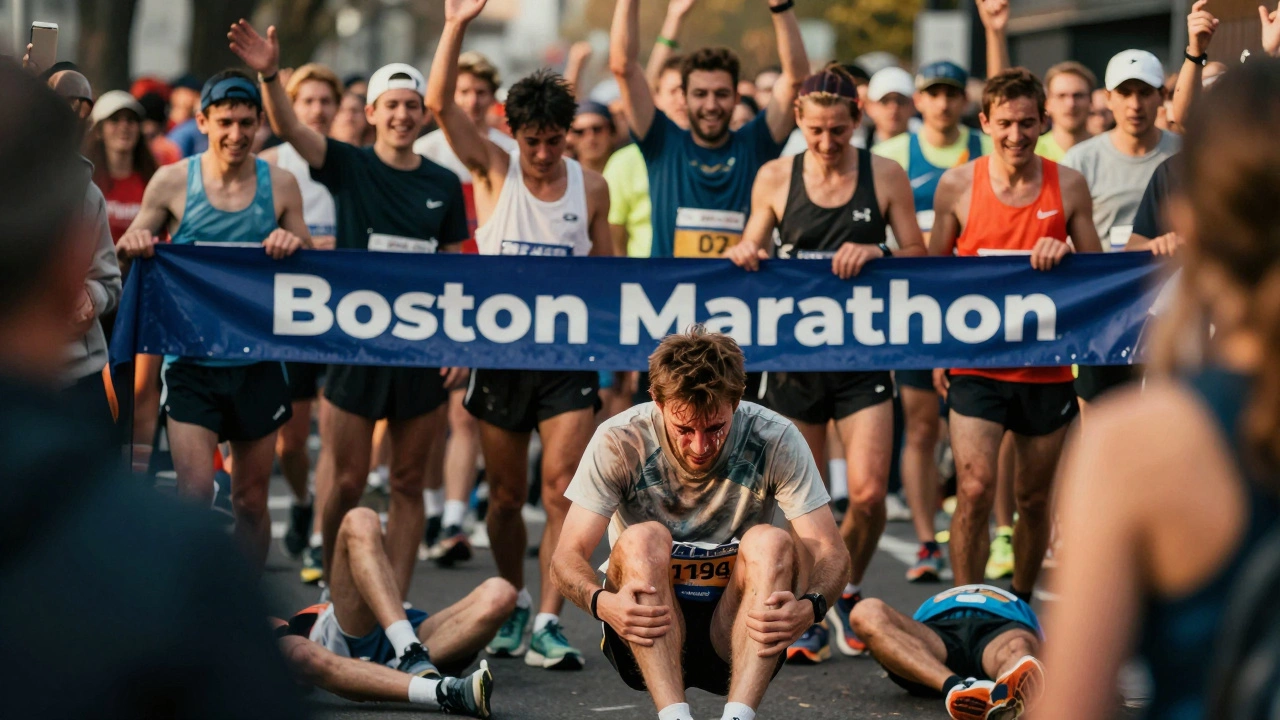 Exhausted but joyful marathon finishers crossing the line at Boston.