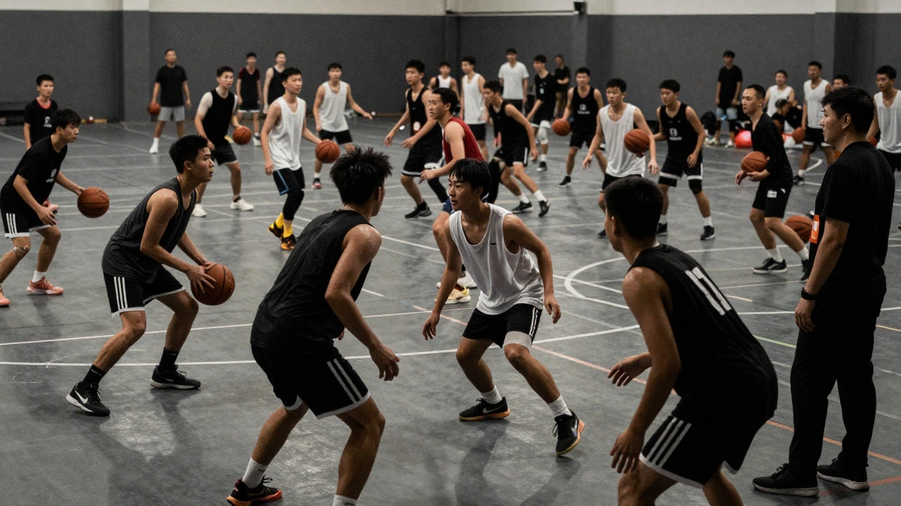 Players competing in G League open tryout, coach evaluating skills.