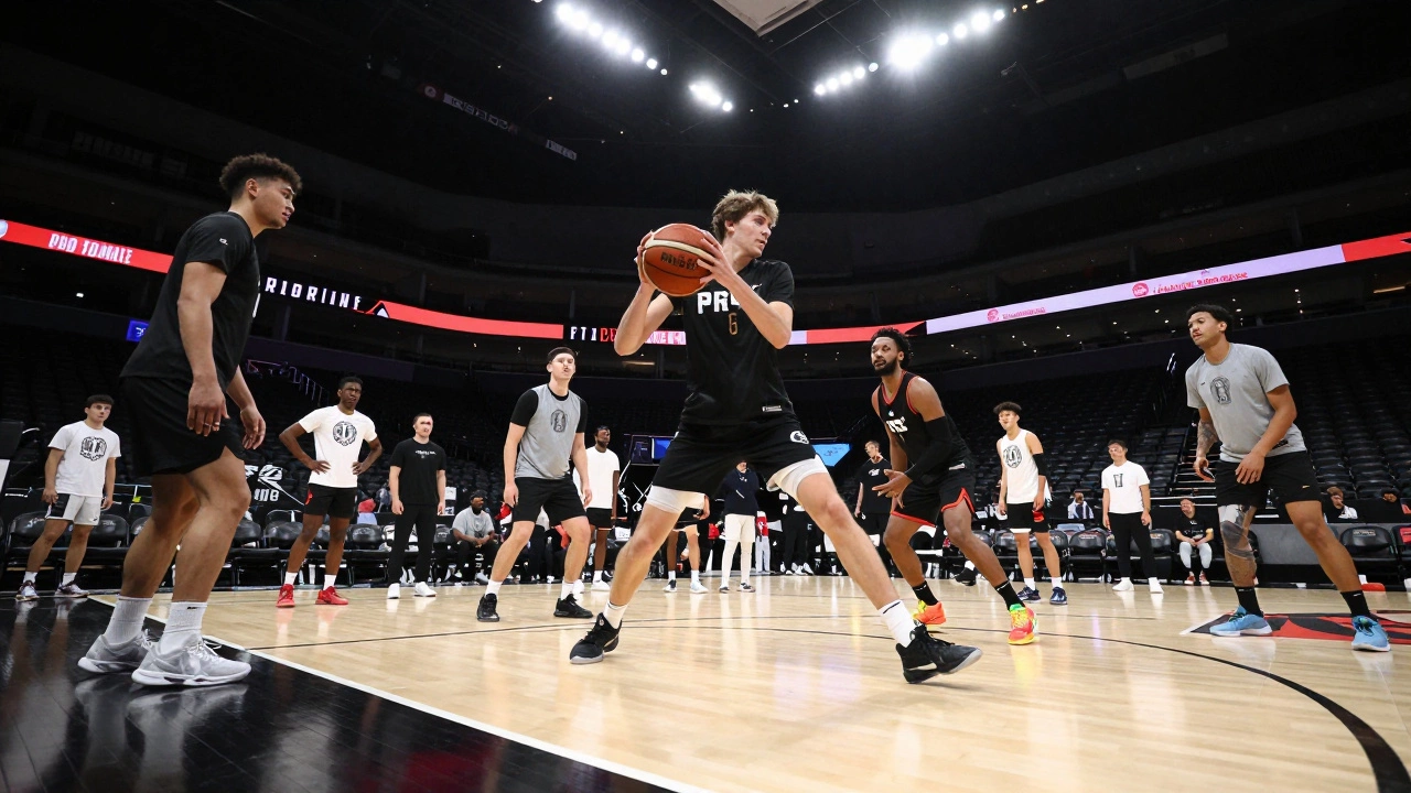 Players performing drills at G League Pro Day event in Los Angeles.