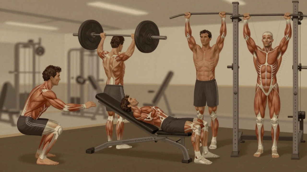 Silhouettes of six human movement patterns showing squat, deadlift, bench press, overhead press, pull-up, and row with anatomical alignment lines.