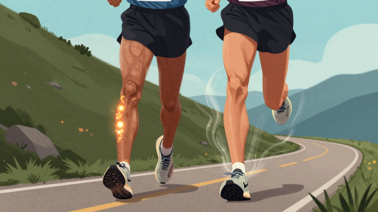 Split-body illustration showing transition from 5K sprint fatigue to 10K endurance with fat-burning energy.