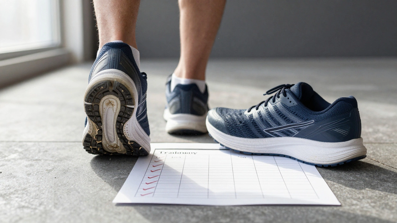 Worn-out running shoe with cracked sole next to a healthy one, symbolizing the cost of skipping training.