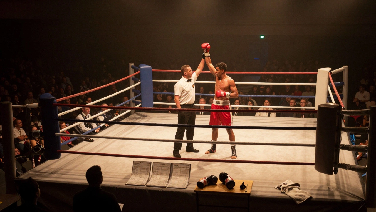 A boxer raising his hand in victory after a 12-round championship bout, crowd in shadow, spotlight on the ring.