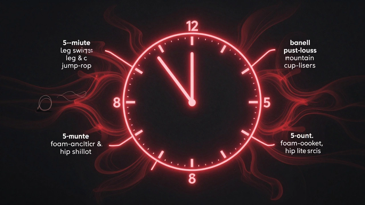 A clock face diagram showing a 30-minute workout structure with key exercises at each hour mark, glowing metabolic energy radiating.