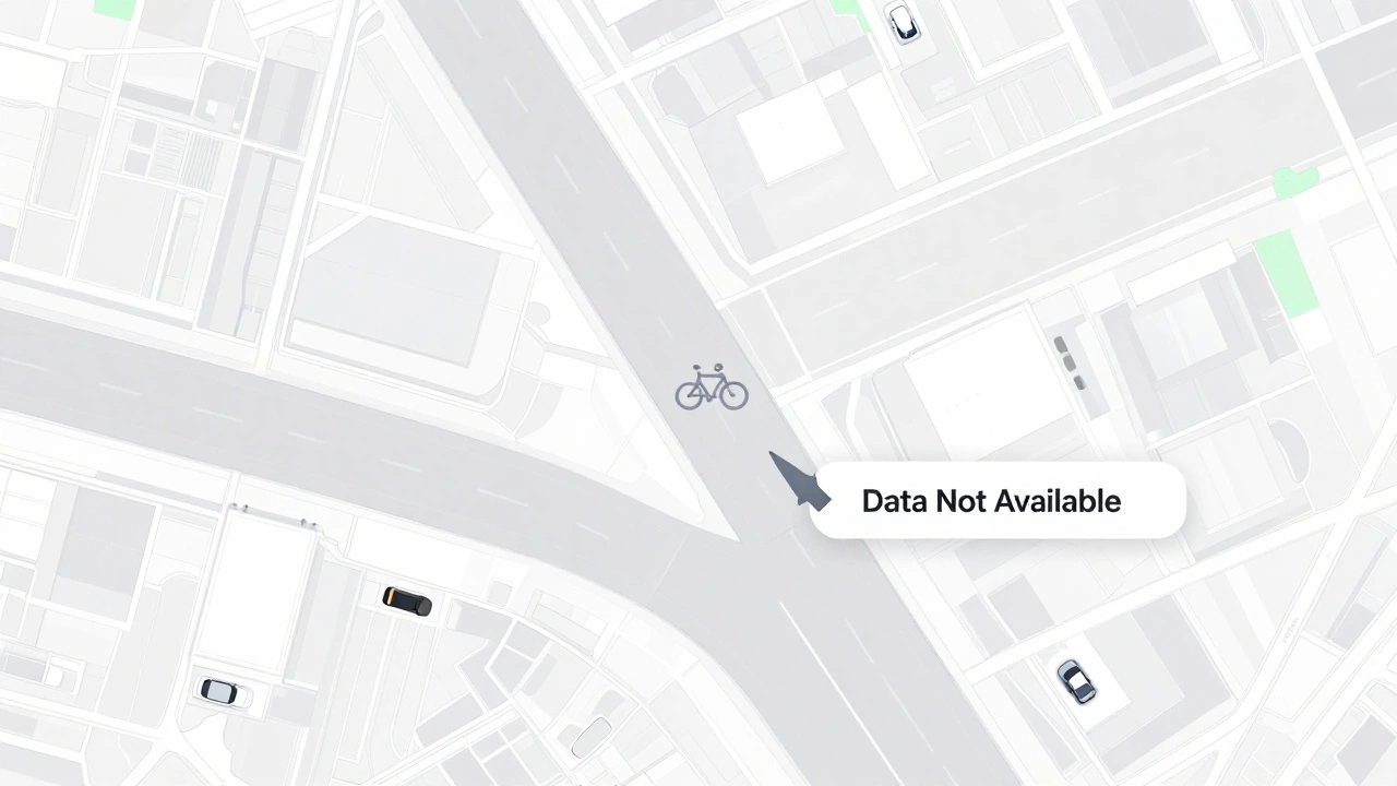 A faded digital map shows incomplete bike lanes in Melbourne, with the bike option grayed out due to missing government data.