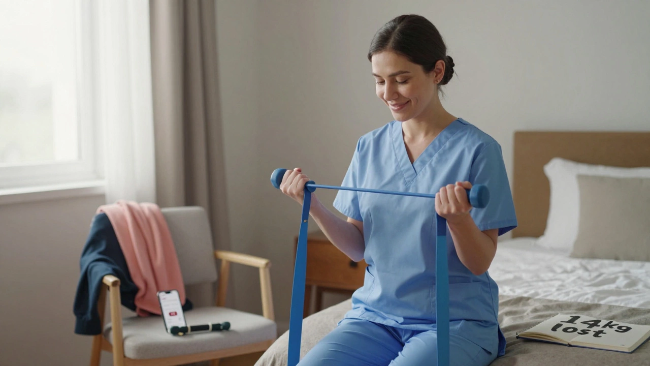 A nurse smiling after a 30-minute home workout, resistance bands nearby, clothes hanging loosely on a chair.