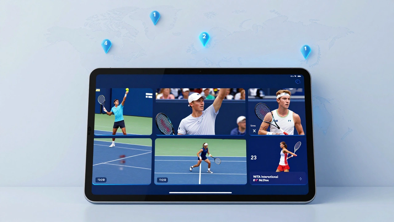 A tablet screen displaying three different tennis matches simultaneously, with a world map in the background.