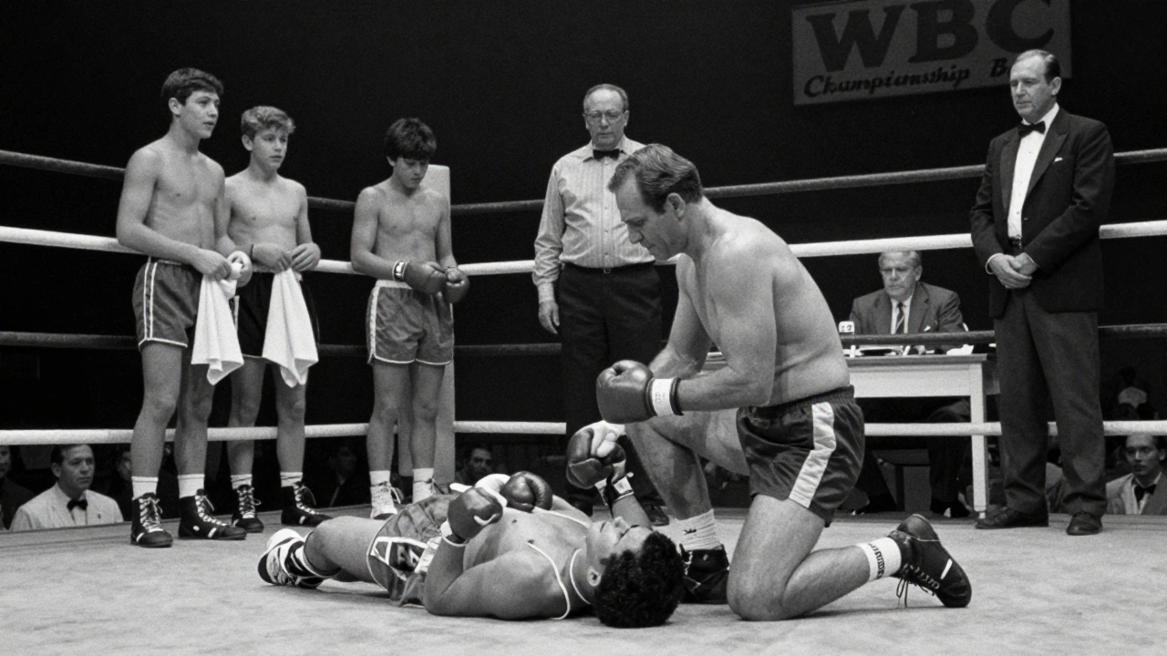 A trainer comforting a fallen boxer after a TKO in a 1980s-style ring, judges at table, vintage film grain effect.