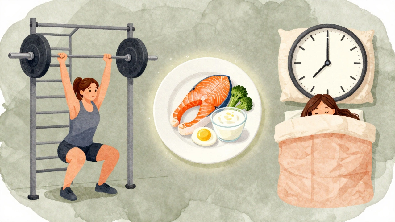 Balanced weekly routine showing strength training, sleep, and protein-rich meal in watercolor style.