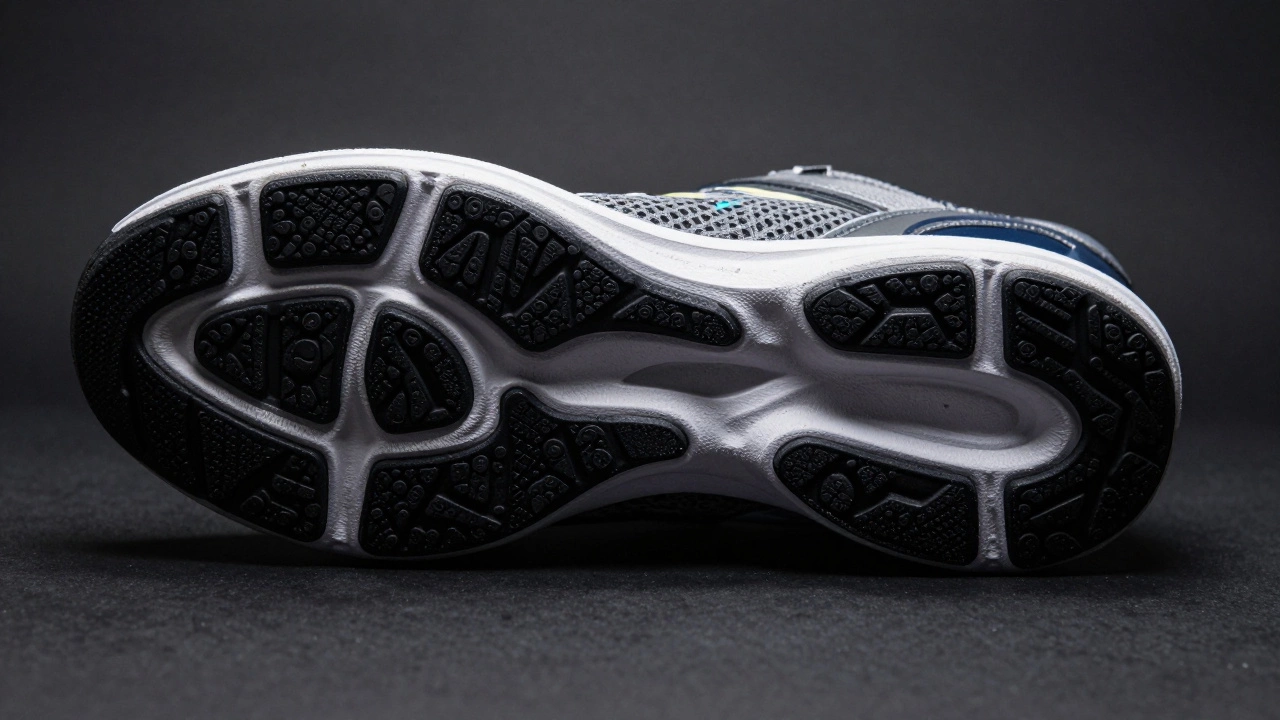 Close up of curved running shoe sole showing foam and tread.