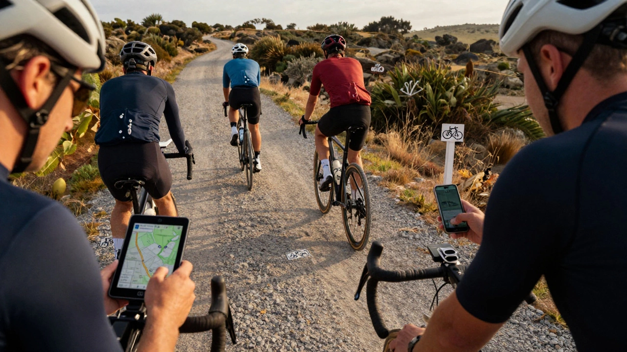 Cyclists use alternative apps like Komoot and OpenStreetMap on their devices while riding a well-marked trail with elevation details.