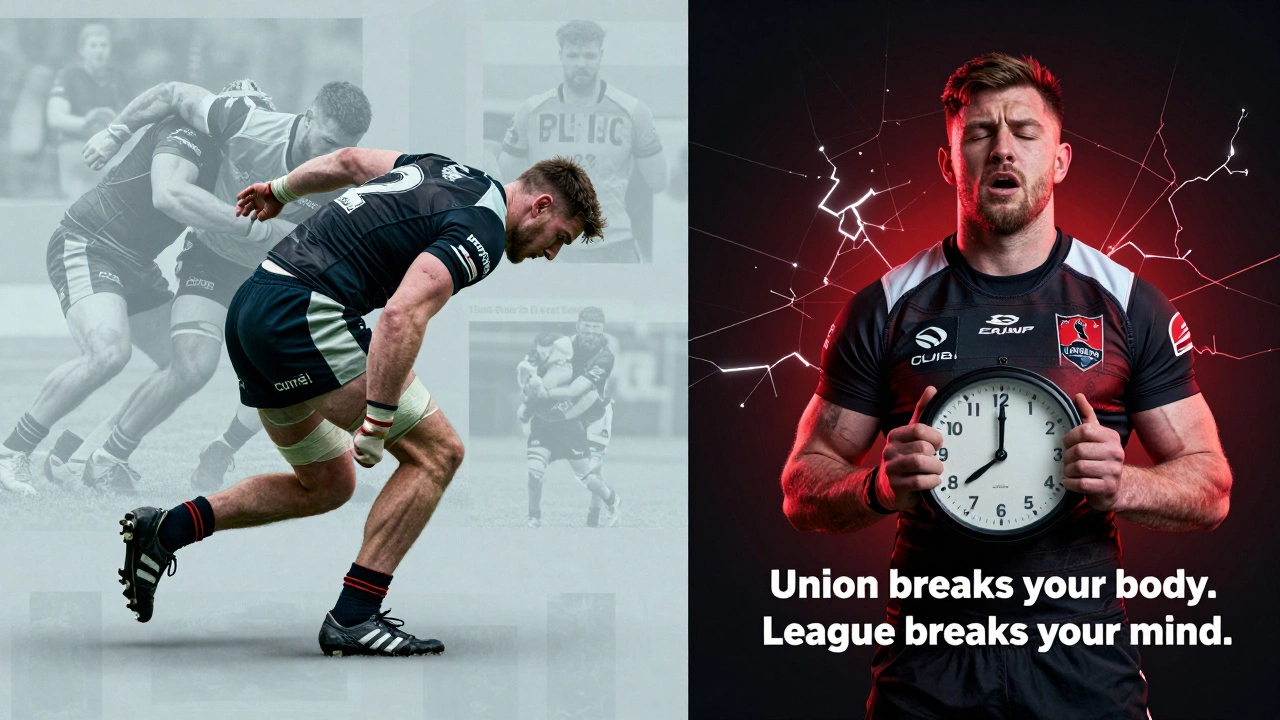 Dual imagery contrasting rugby union's physical wear and rugby league's mental exhaustion, symbolizing different kinds of toughness.