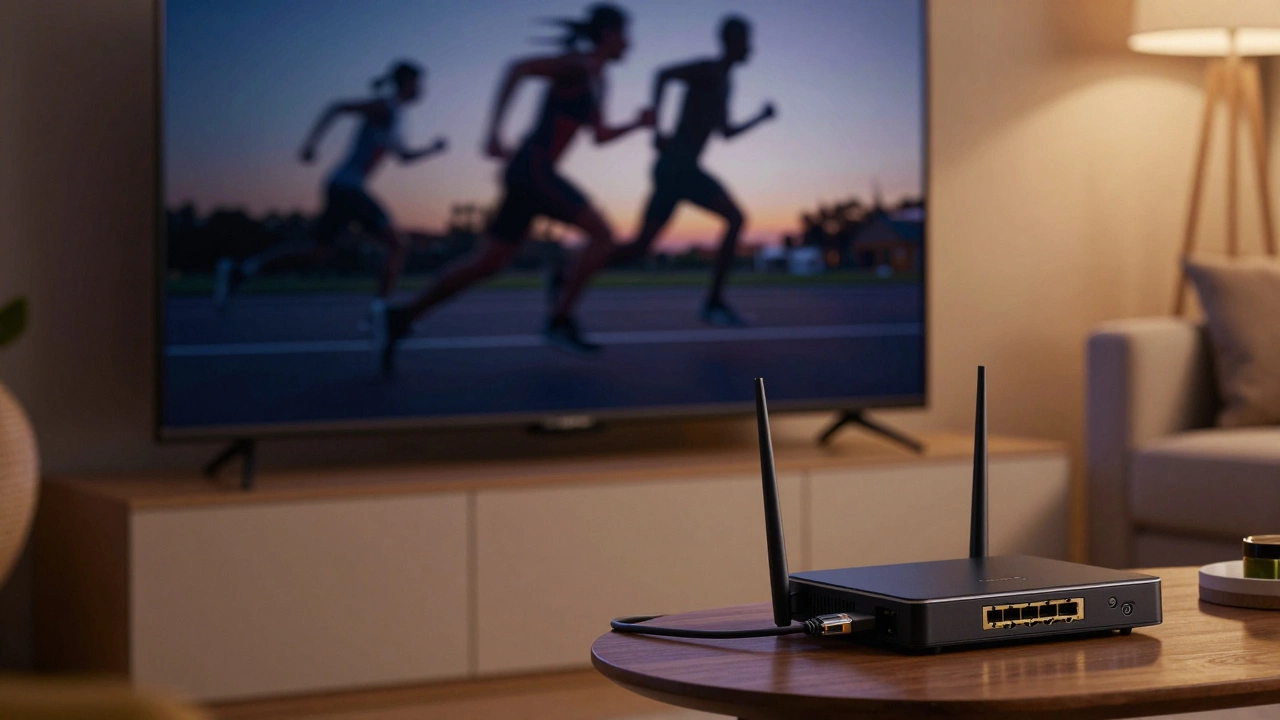 Home theater with ethernet cable connected to router setup.