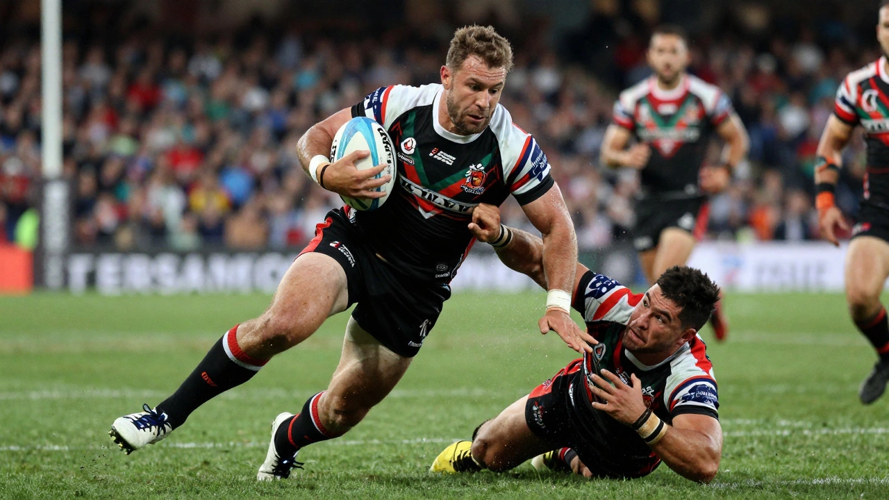 Rugby league tackle mid-impact: a sprinting player collides violently with a defender, no time to prepare, energy exploding at point of contact.