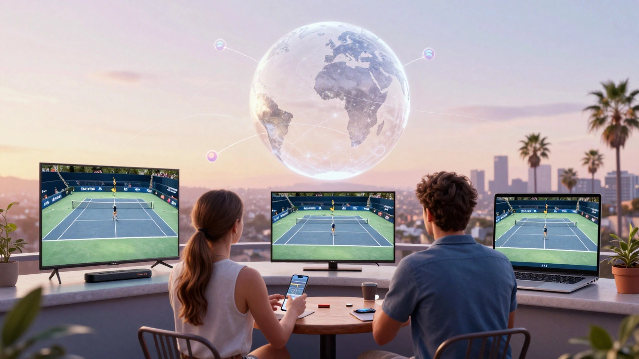 Three people in different countries watching the same tennis match on their devices, connected by glowing streaming icons above a globe.