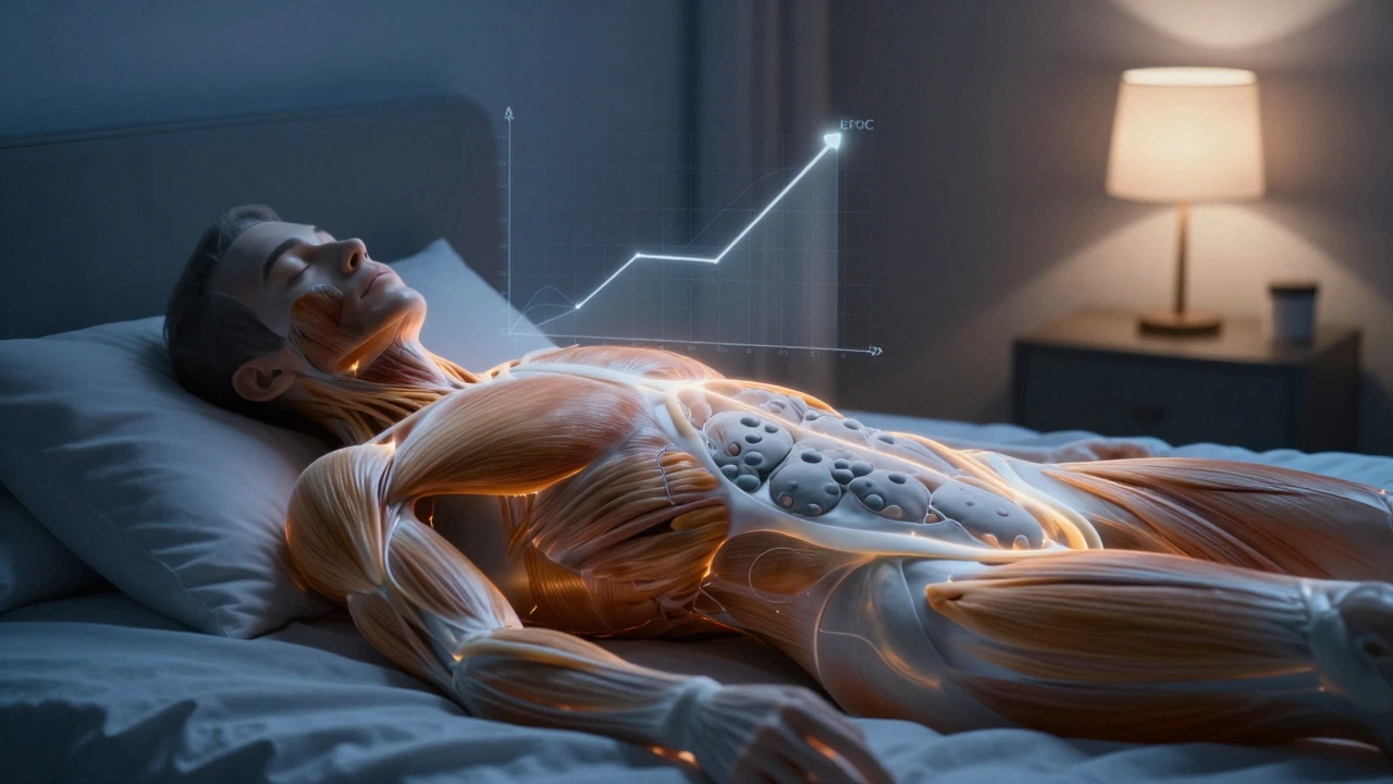 Translucent human body with glowing energy pathways showing fat burning during rest at night.