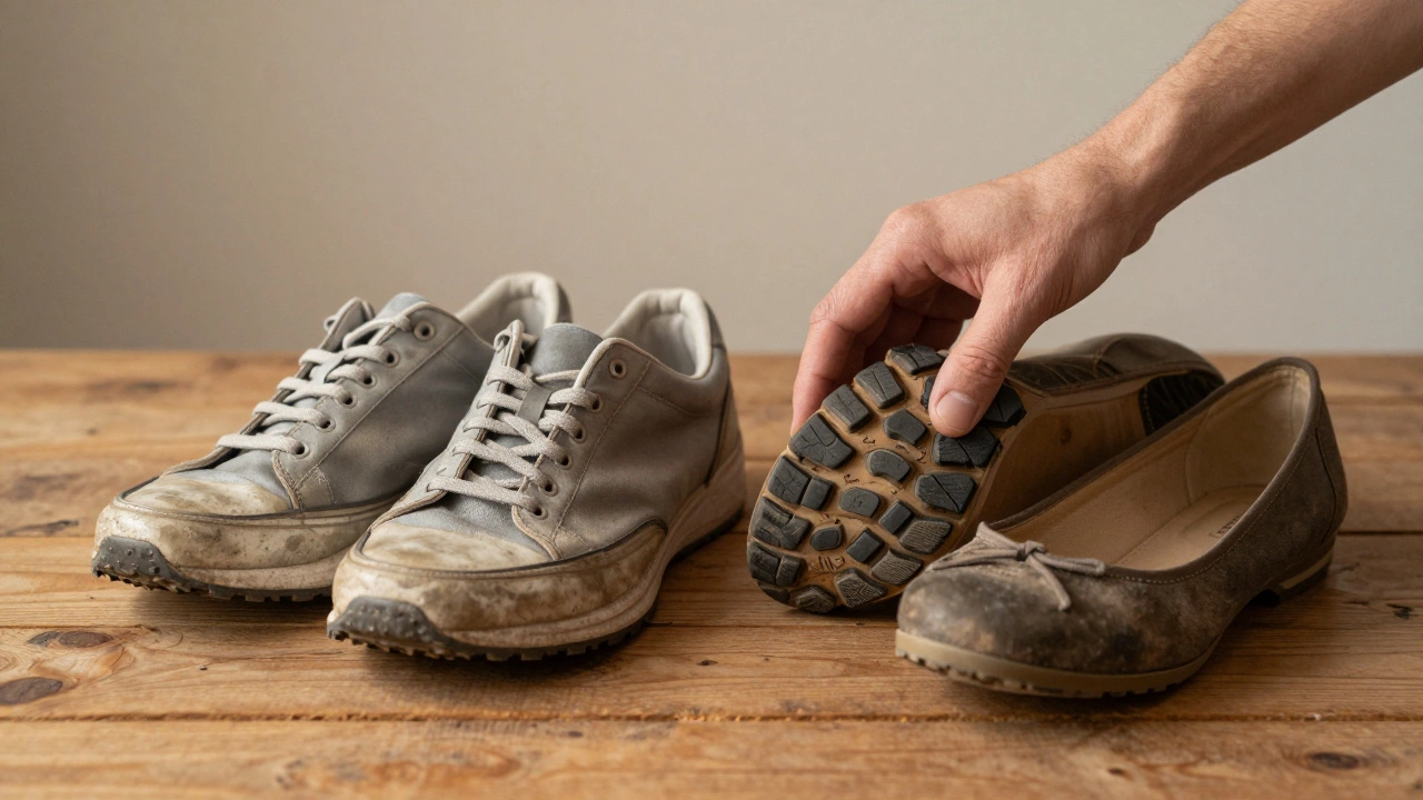 Worn out running shoes next to sturdy walking shoes on floor.