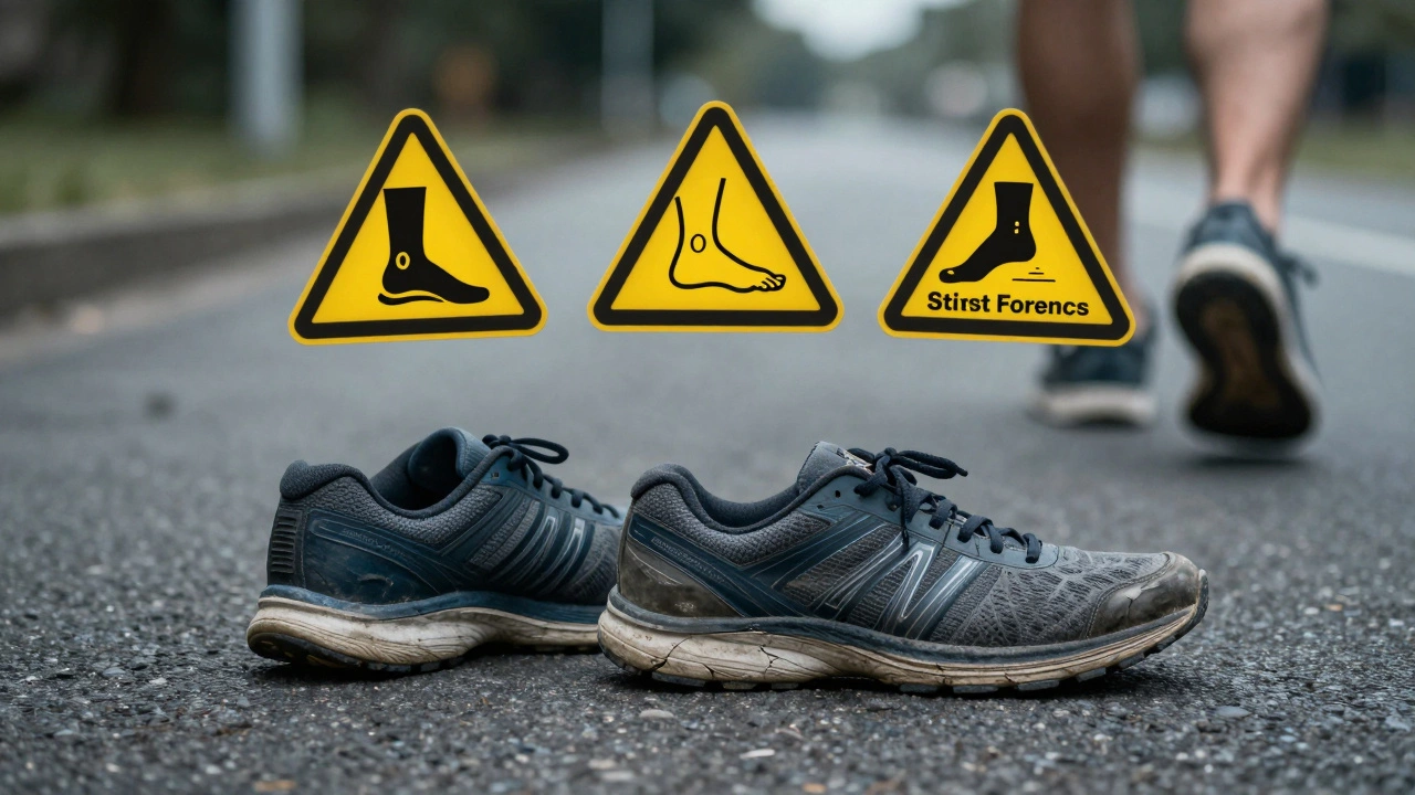 Worn-out running shoes with compressed soles, floating signs of foot strain above, as someone walks away in proper walking shoes.