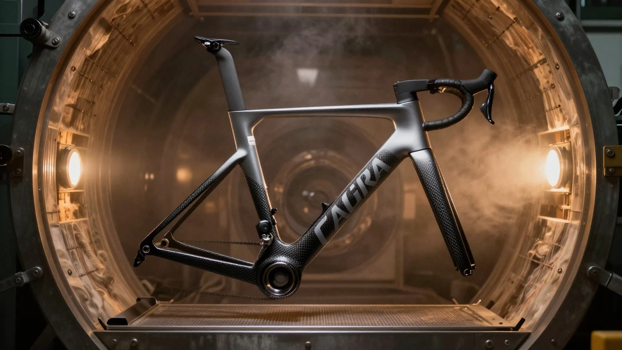 A carbon fiber bicycle frame inside an industrial autoclave oven