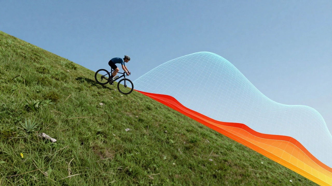 A cyclist climbing a steep hill with a digital elevation map overlay.
