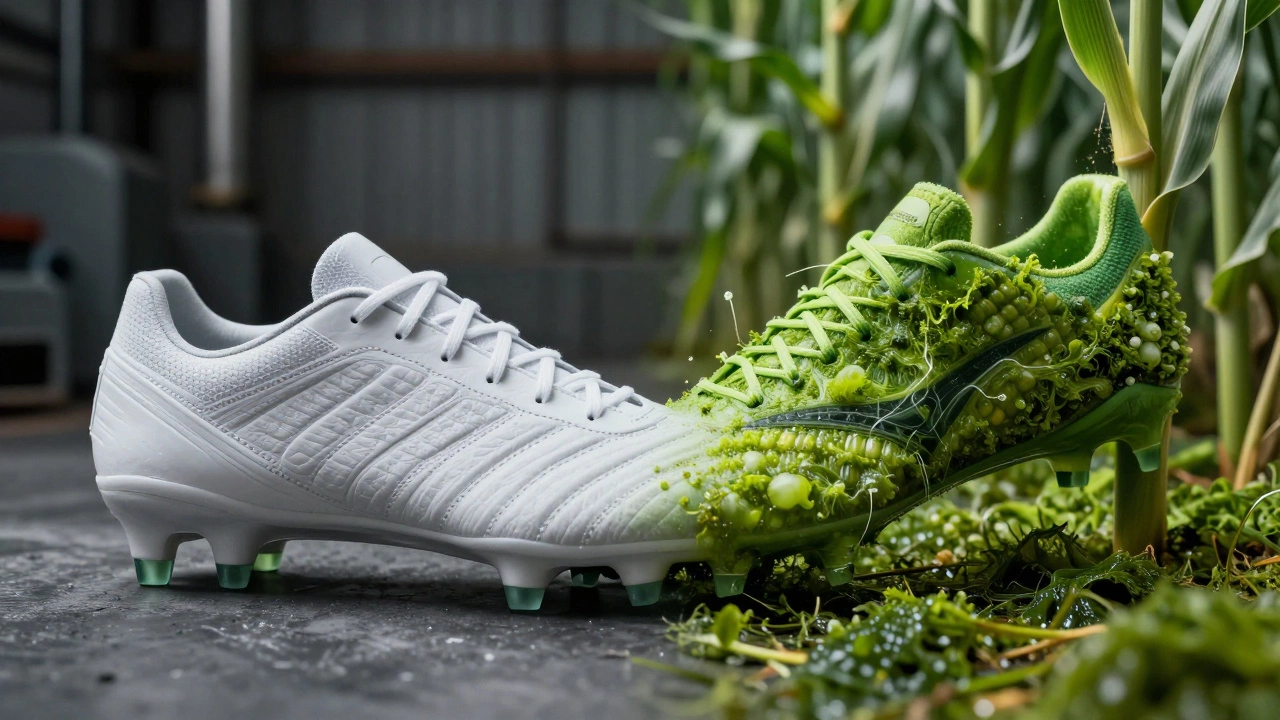 A football cleat transitioning from synthetic plastic to bio-based materials