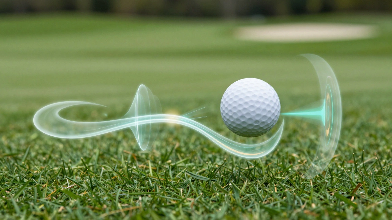 A golf ball in flight with glowing scientific diagrams showing the Magnus Effect.