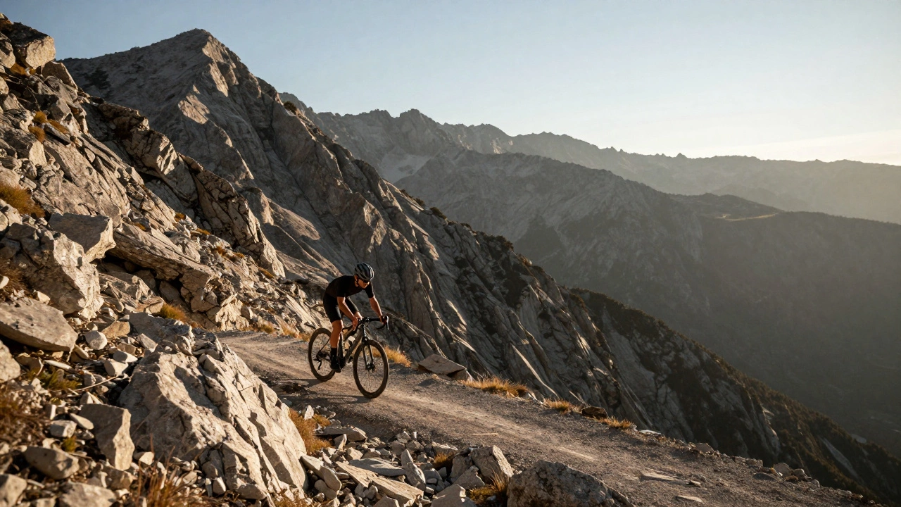 A professional cyclist climbing a steep mountain road in the high-altitude Sierra Madre