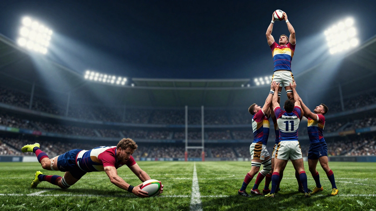 A rugby player scoring a try and another being lifted in a lineout