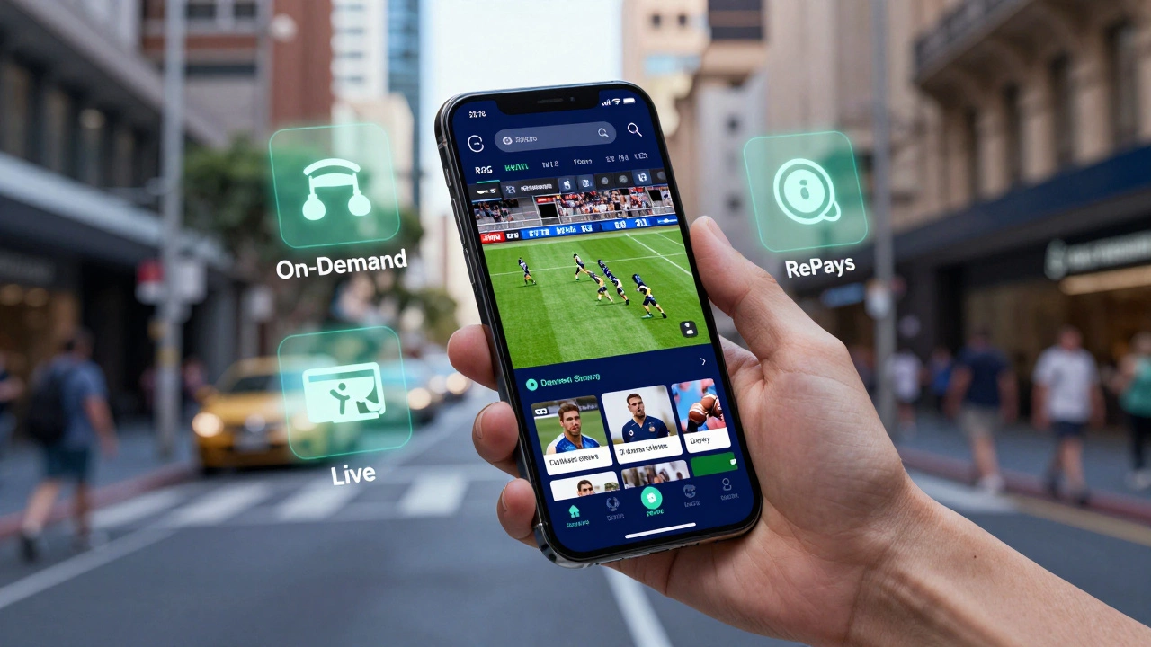 A smartphone streaming a rugby game in a city setting with digital app icons.