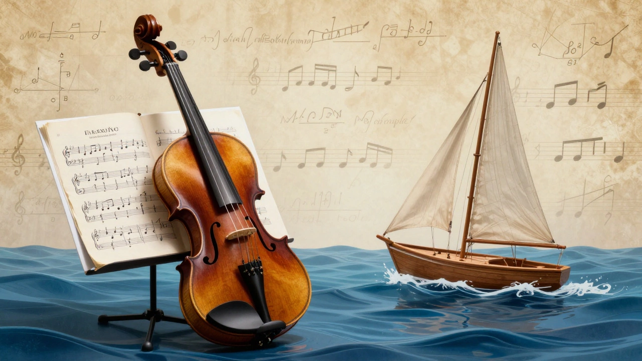 A violin and a sailboat surrounded by musical notes and physics formulas.