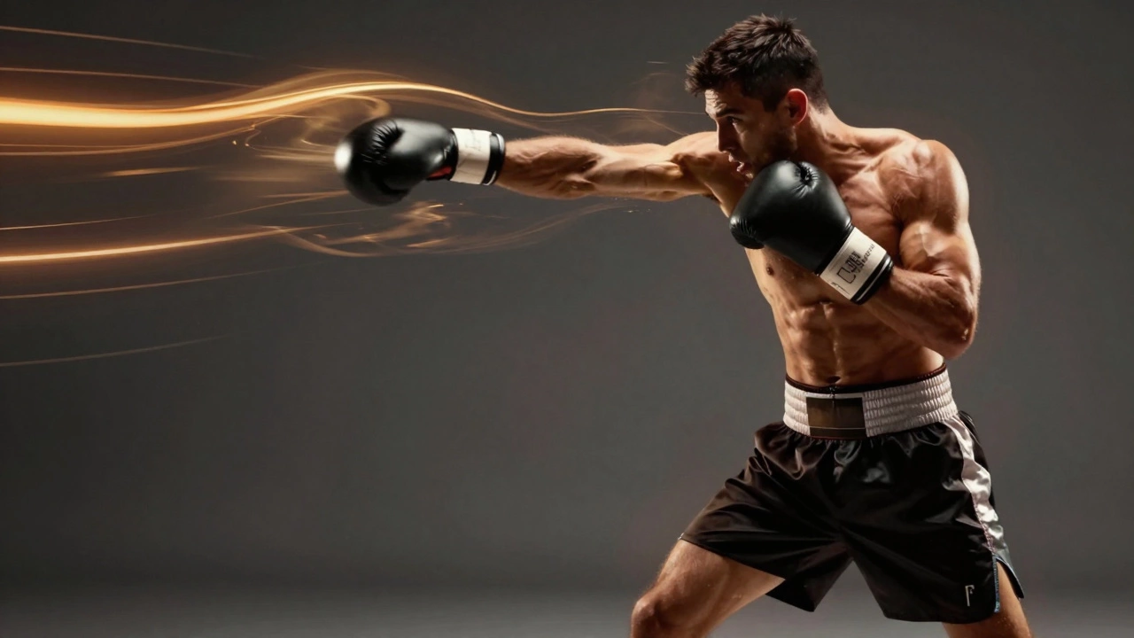 Action shot illustrating the hip rotation and foot pivot during a boxing combination.