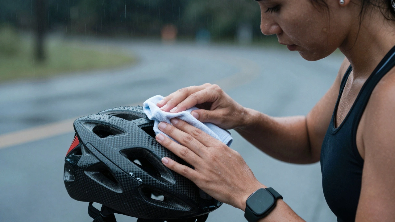 An athlete carefully cleaning sports gear in the rain