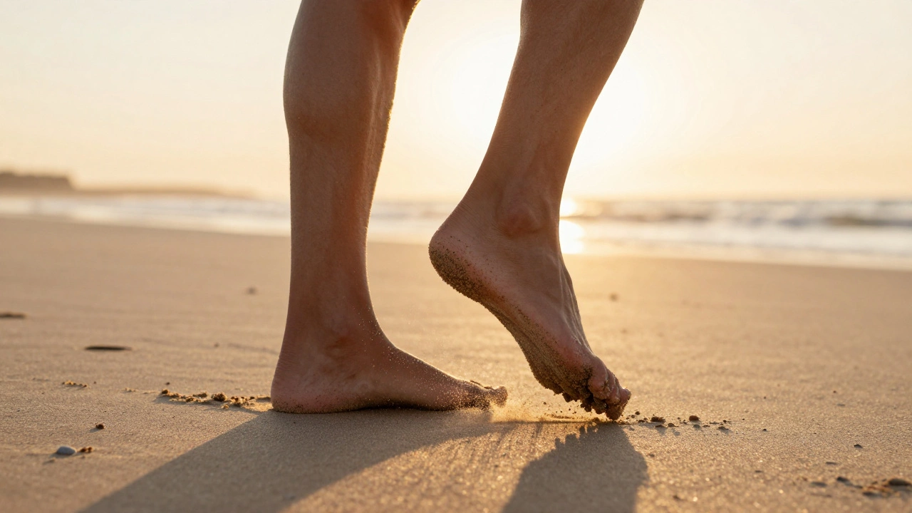 Close-up of a barefoot foot striking sand during a sunset run