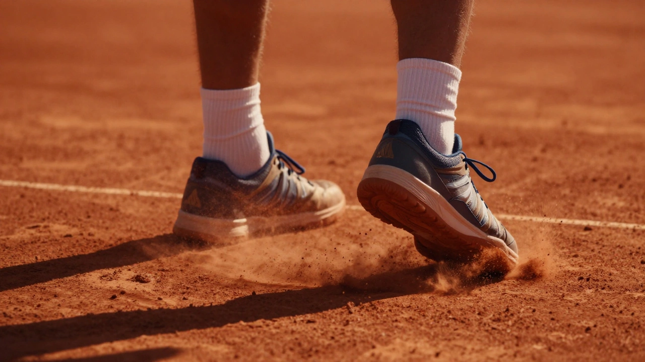 Close-up of tennis shoes sliding on a red clay court with dust flying