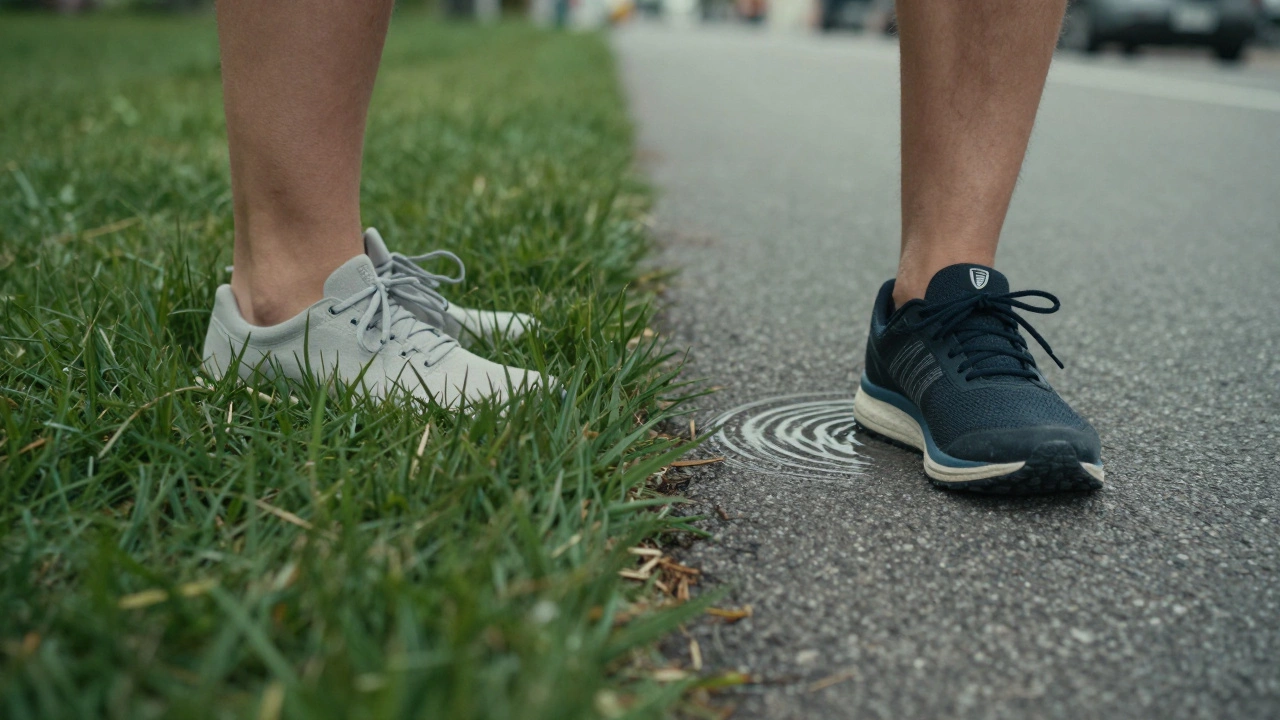 Comparison of a foot landing on soft grass versus hard asphalt pavement