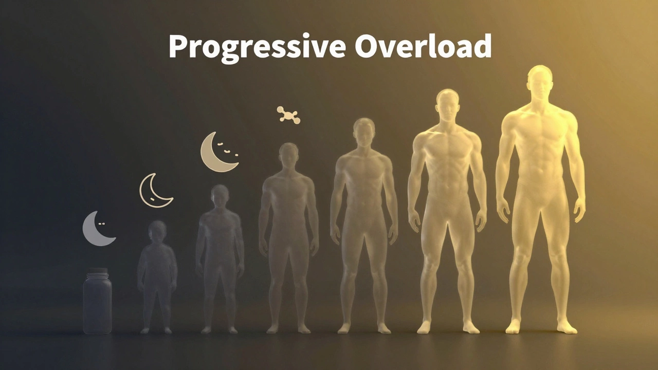 Conceptual sequence of silhouettes showing muscle growth and recovery symbols