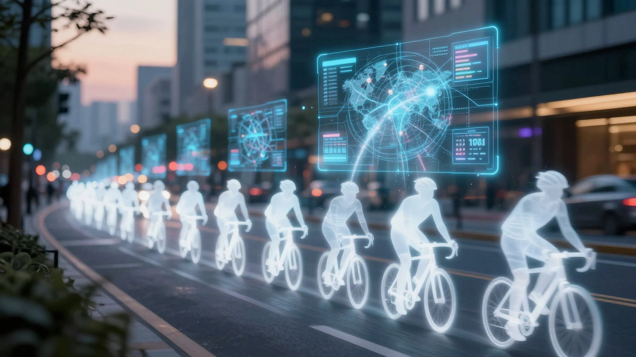 Glowing silhouettes of cyclists forming a data stream on a city map.